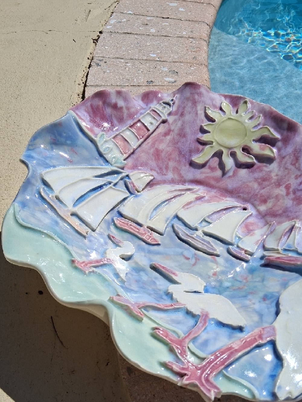 Unique 3D Handcrafted Coastal Ceramic Center Bowl Art W/Pastel Sea Life Theme. - Picture 4 of 15